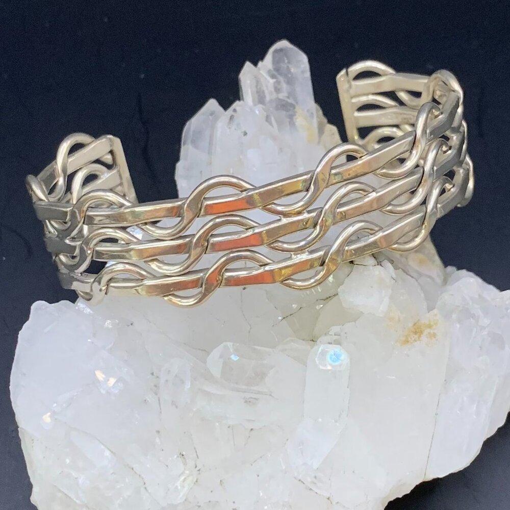 Basket Weave Vintage Mexico Woven Sterling Silver Bold Cuff Bracelet 925